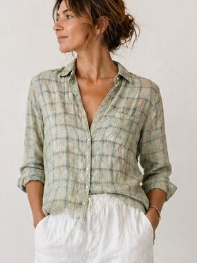 CP Shades Linen Plaid Button Down Shirt Green Blue Size S